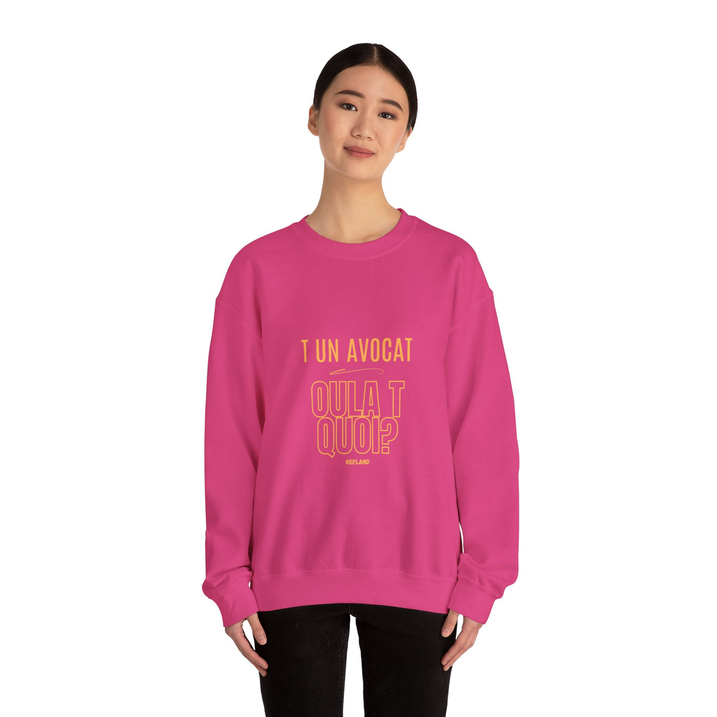 Sweatshirt "T avocat ou?" écrit jaune