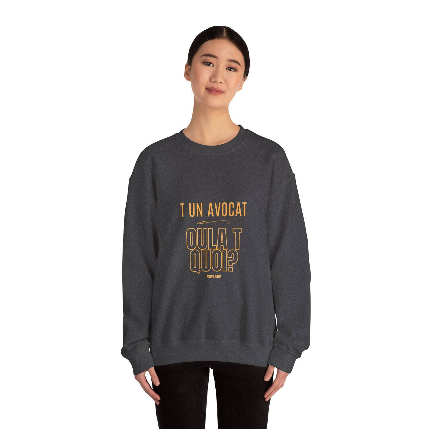 Sweatshirt "T avocat ou?" écrit jaune
